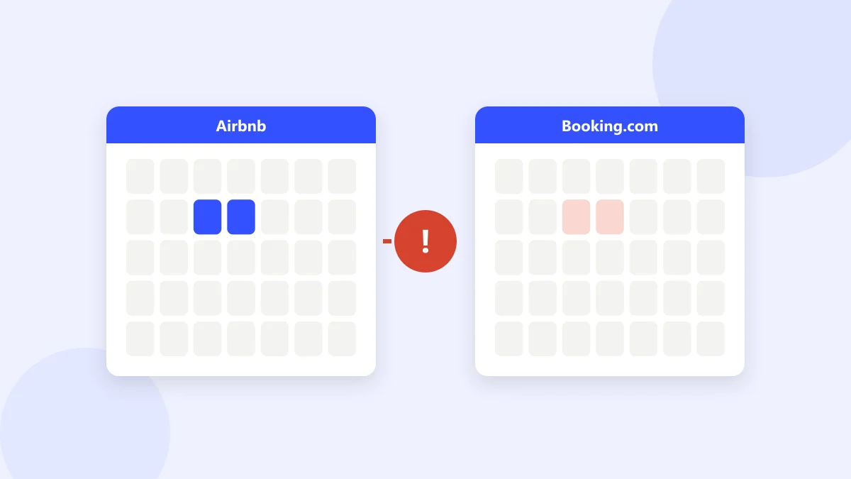 Illustration of Airbnb and Booking.com calendars out of sync, with a warning between them