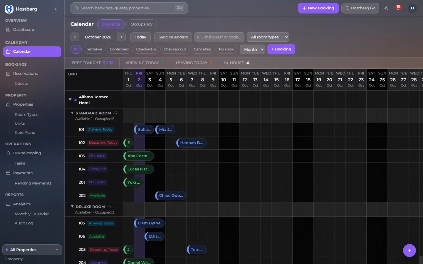 Hostberg calendar showing bookings from Airbnb and Booking.com together in one view